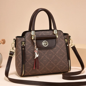 Women Vintage Handbag PU Leather Monogram Print Crossbody Shoulder Bag With Cat Tassel Pendant Trendy Ladies Bag
