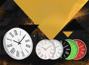 Vue détaillée des horloges murales à quartz en six couleurs avec chiffres romains