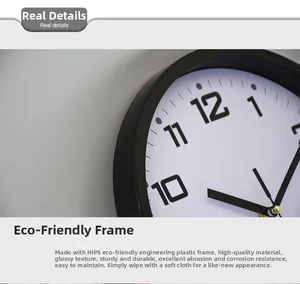 Close-up of black matte HIPS plastic frame and white dial on a 10-inch wall clock