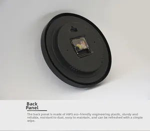 Detail view of the durable HIPS engineering plastic backplate and movement of the wall clock