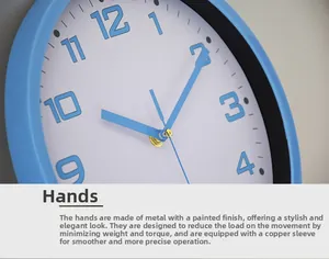 Close-up of lightweight metal clock hands with painted finish and quiet movement core