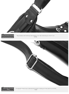 Detailed view of silver polished hardware buckles and adjustable strap on black leather bag