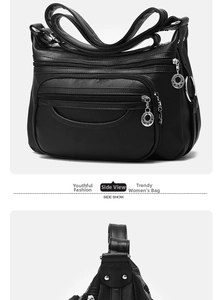 Side view of multi-layer black soft PU leather crossbody bag with star zipper charms