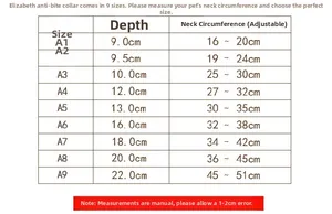 Size chart for pet recovery collar with adjustable neck measurements from A1 to A9