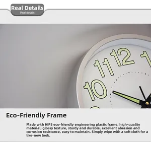 Close-up of HIPS eco-friendly frame and 3D luminous numerals on modern wall clock
