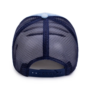 Navy blue breathable mesh trucker cap with light blue top button and adjustable snapback