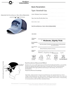 Size chart for adjustable denim mesh baseball cap with detailed measurements and material specs