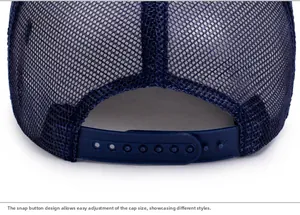 Detail of adjustable snapback closure on breathable navy blue mesh trucker cap