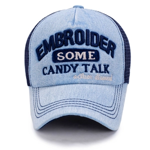 Blue denim and mesh trucker cap with Candy Talk 3D embroidery and vintage sun protection