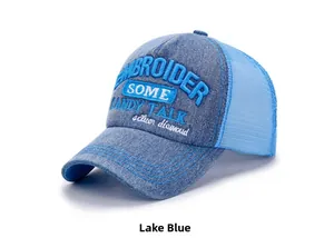 Macro detail of lake blue denim truck cap featuring 3D embroidery and breathable mesh