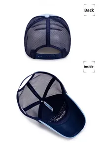 Rear view of mesh trucker hat showing snapback closure and internal embroidery details