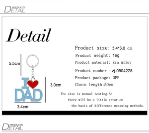 Vue détaillée du porte-clés DAD en alliage de zinc avec dimensions et spécifications