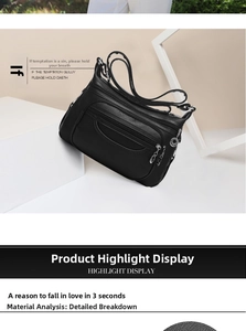 Close-up of black lychee grain leather shoulder bag with silver hardware and multi-zipper layers