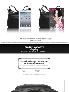 Detail of black soft leather crossbody bag showing size comparison with iPad and A4 magazine