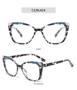 Detailed front and side views of marble TR90 cat eye glasses frames in C3 black