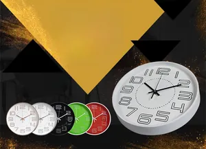 Detail view of modern 12 inch wall clock showing 3D numbers and diverse color options