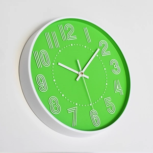 Modern 12-inch silent plastic wall clock with 3D numerals in lime green and white