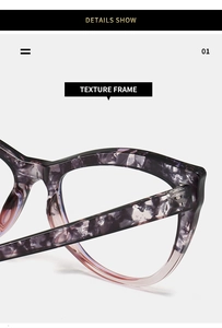 Detail shot showing the purple marble texture and hinge of the stylish cat-eye glasses frame