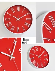 Détails de l'horloge murale rouge 30cm avec chiffres romains 3D et mouvement silencieux