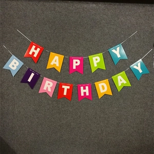 Close-up of vibrant rainbow Happy Birthday banner with colorful hanging letters