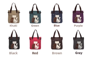 Detailed grid view showing eight colors of cat pattern canvas tote bags with straps