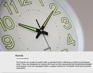 Close-up of quartz clock face with luminous green numbers and black metal needles