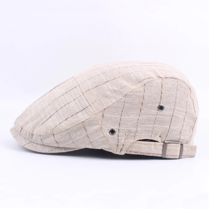 Beige striped flat cap for men with breathable side vents and adjustable metal buckle