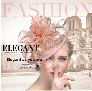 Elegant rose gold mesh fascinator with feathers shown on a model against a city background