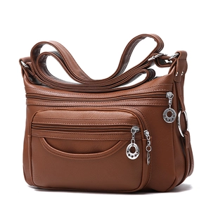 Brown soft PU leather crossbody bag with multiple zipper pockets for women