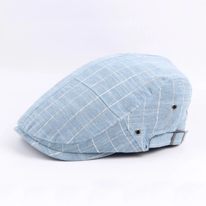 Light blue striped ivy cap with breathable eyelets and adjustable metal buckle