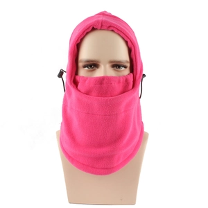Detailed texture of rose red fleece winter balaclava with adjustable drawstring closure