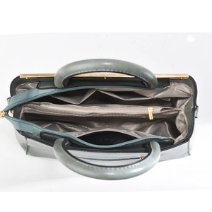 Top view of dark green tote bag showing three compartments and large interior space