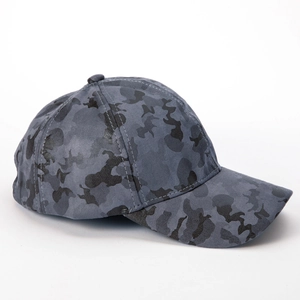 Detailed close-up of grey and black camouflage baseball cap with high-quality stitching