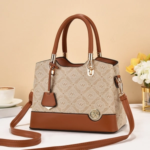 Elegant Women Monogram Print Handbag PU Leather Vintage Crossbody Satchel With Round Handles And Detachable Strap