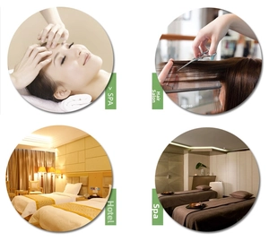 White cotton hotel towels shown in professional SPA, salon, and luxury resort guest room settings
