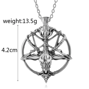 Macro view of silver Baphomet goat head pendant with weight and size specifications