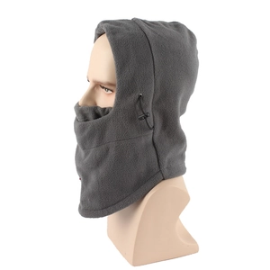 Grey thermal fleece balaclava for winter cycling with adjustable drawstring on a white background