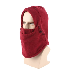 Detail of burgundy fleece balaclava with adjustable drawstring and windproof face mask