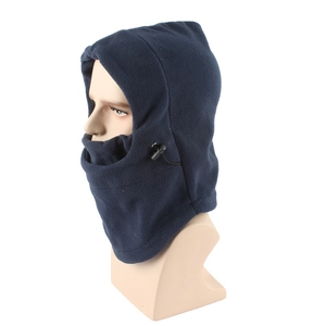 Detailed side view of dark blue fleece balaclava with adjustable drawstrings for winter warmth