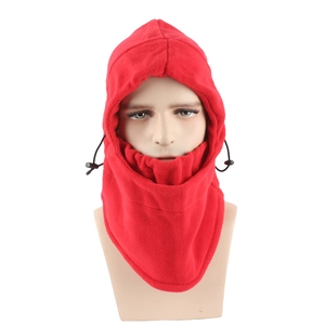 Detail of red fleece balaclava hood featuring adjustable black drawstring and toggle