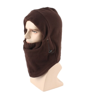 Detail of dark brown fleece balaclava with adjustable black drawstring for winter warmth