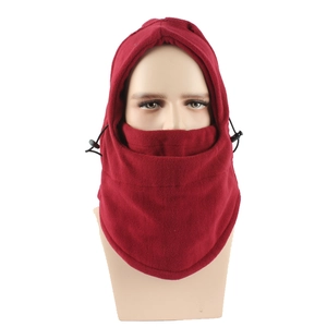 Close-up of thermal fleece winter balaclava hood with adjustable drawstring and toggle in burgundy