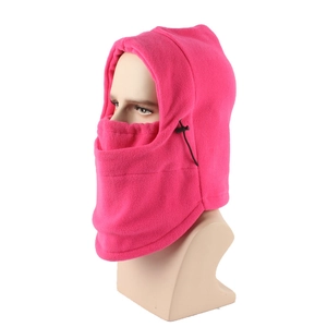 Detail of rose red fleece balaclava with windproof face cover and side drawstring