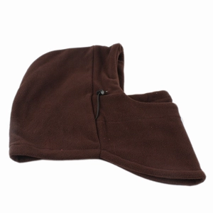 Detail of dark brown fleece balaclava hood with adjustable drawstring for winter outdoor use