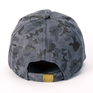Gray camouflage baseball cap for men featuring a six-panel design and adjustable metal buckle