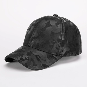 Men's outdoor baseball cap with dark camouflage pattern in a classic 6-panel structured design
