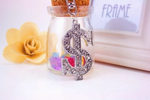 Close-up of a silver dollar sign keychain with sparkling rhinestones and a metal chain