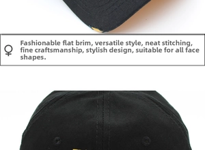 Detailed close-up of fine stitching on black cotton baseball cap with yellow brim contrast