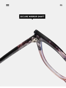Detail shot of cat eye glasses hinge with CE markings and purple gradient temples