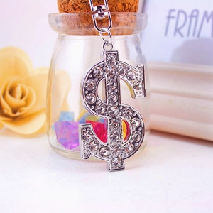 Silver dollar sign keychain with sparkling rhinestones on a metal keyring for men